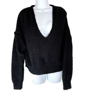 Free People We The Free Women's Medium Black Fuzzy Deep V-Neck Sweater Pullover